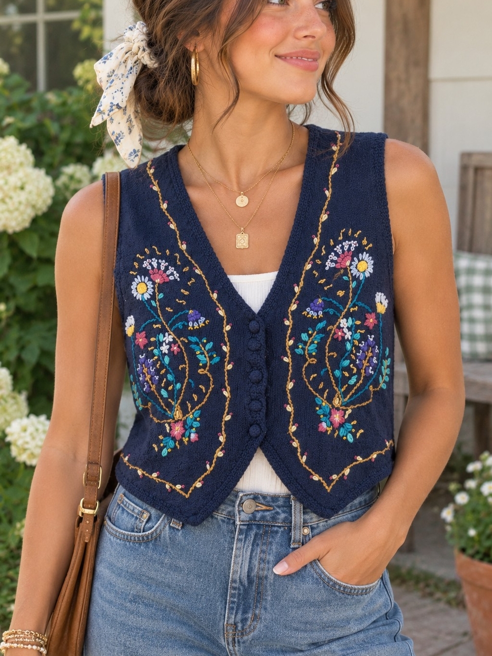 Vintage Women's Crocheted Knit Sweater Vest Embroidered Cottagecore Granny, Med